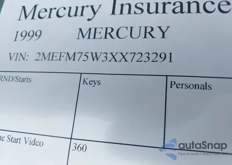 1999 Mercury Grand Marquis Ls из США, поврежденный, VIN 2MEFM75W3XX723291